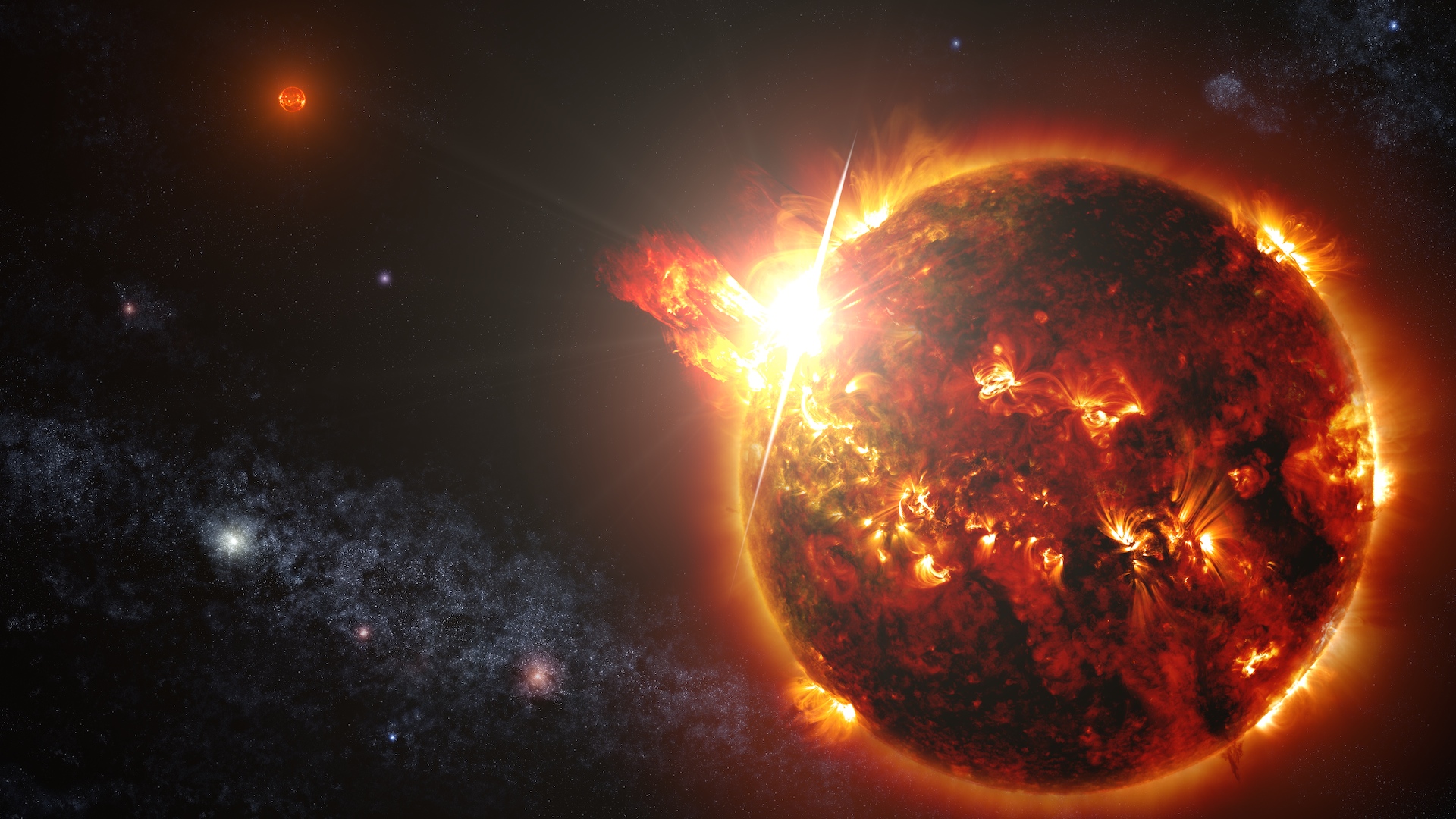 NASA's Swift mission detected a record-setting series of X-ray flares unleashed by DG CVn, a nearby binary consisting of two red dwarf stars, illustrated here. At its peak, the initial flare was brighter in X-rays than the combined light from both stars at all wavelengths under normal conditions. Credit: NASA's Goddard Space Flight Center/S. Wiessinger