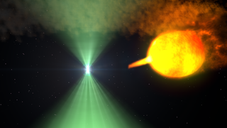 This animation illustrates one possible model for the dramatic changes observed from J1023. The two stars of AY Sextantis orbit closely enough that a stream of gas flows from the sun-like star toward the pulsar. The pulsar's rapid rotation and intense magnetic field produce both the radio beam and the high-energy wind, which is eroding its companion. When the radio beam (green) is detectable, the pulsar wind holds back the companion's gas stream, preventing it from approaching too closely. Now and then the stream surges, reaches toward the pulsar and establishes an accretion disk. Processes involved in producing the radio beam are either shut down or, more likely, obscured. Meanwhile, some of the gas falling toward the pulsar may be accelerated outward at nearly the speed of light, forming dual particle jets firing in opposite directions. Shock waves within and along the periphery of these jets are a likely source of the bright gamma-ray emission (magenta) detected by NASA's Fermi Gamma-ray Space Telescope.  Credit: NASA's Goddard Space Flight Center