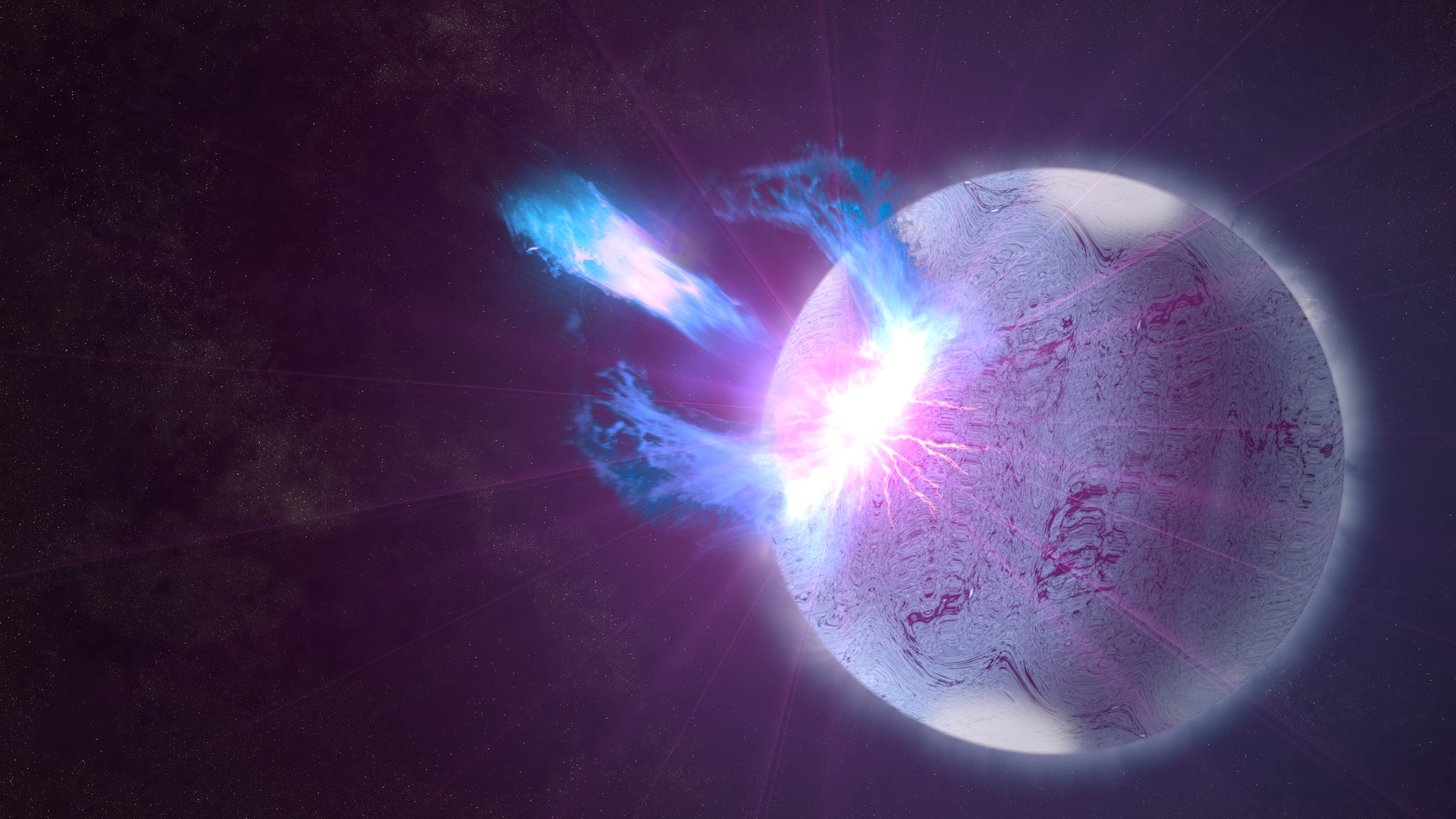 A rupture in the crust of a highly magnetized neutron star, shown here in an artist's rendering, can trigger high-energy eruptions. Fermi observations of these blasts include information on how the star's surface twists and vibrates, providing new insights into what lies beneath. The subtle pattern on the surface represents a twisting motion imparted to the magnetar by the explosion.Credit: NASA's Goddard Space Flight Center/S. Wiessinger
