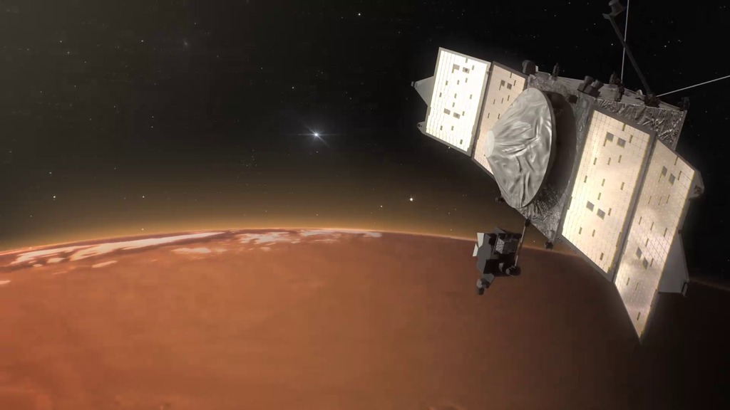 LEAD: September 21st, 2015, marks the one-year anniversary of NASA's MAVEN spacecraft circling Mars.  1. MAVEN's goal is to determine how Mars lost its thick early atmosphere, and with it, its once hospitable climate. 2. The spacecraft's Imaging Ultraviolet Spectrograph measures how the light from background stars dims as the starlight passes through different layers of the Martian atmosphere. This tells scientists about the atmosphere’s chemical makeup and its structure. 3. The vertical distributions of oxygen, hydrogen, and carbon dioxide are important clues to Mars’ climate history. TAG: MAVEN is the first spacecraft specifically designed to study the upper atmosphere of Mars.