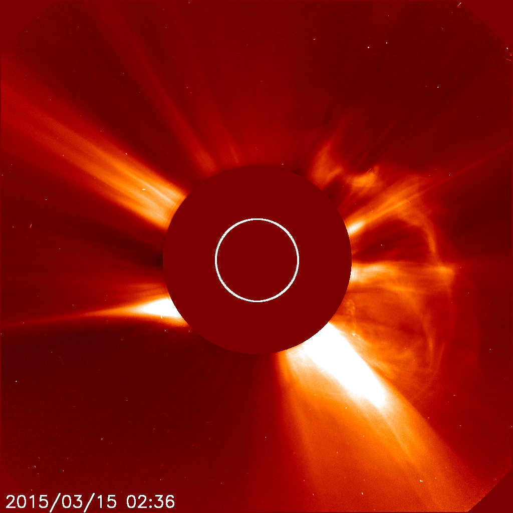 The Joint ESA/NASA Solar and Heliospheric Observatory, or SOHO, captured this image of a coronal mass ejection, or CME, at 10:36 pm EDT on March 14, 2015. 