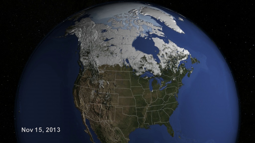 LEAD: Thanks to NASA satellites, water resource scientists are able to keep track of snowpack across the entire country day by day.1. Here is the snow cover from November 2013 to April 2014, in about 18 seconds.2. The winter season’s snow extent was 1.42 million square miles, about 12% above the 30-year average.TAG: In California’s Sierra Nevada Mountains, however, snowpack totals were 25% less than the long-term average. These low levels have resulted in water shortages across the state of California.