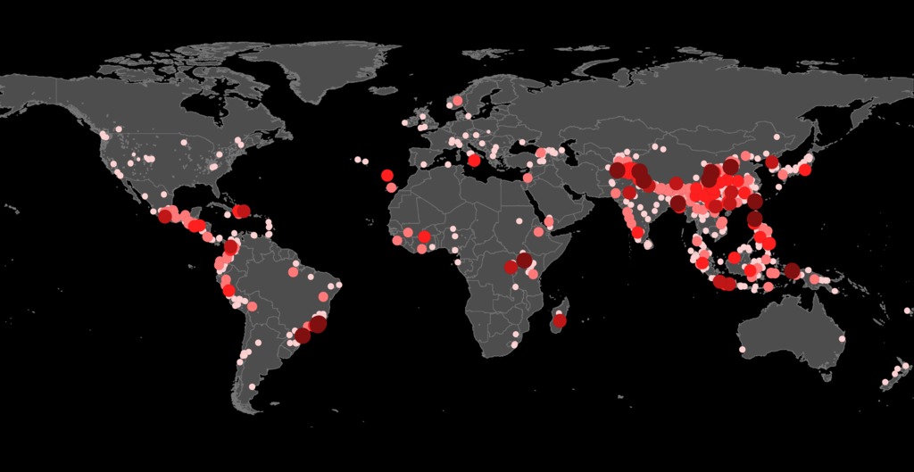 Using the Global Landslide Catalog, a map has been produced to show the distribution and number of fatallities associated with 5741 rainfall-triggered landslides from 2007-2013. 