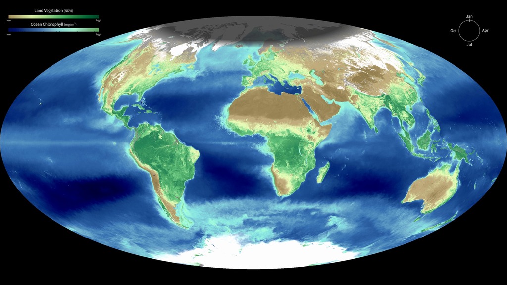 LEAD: A new view from NASA satellites show how the earth “greens up" during spring and summer in the Northern Hemisphere. Here is an entire year in seven seconds.1. The green color represents plant growth on land, which is caused by increased sunlight during longer days (daylight).2. In the ocean, plant life is represented by the teal color. This color represents populations of tiny marine plants called phytoplankton.TAG: The satellite data has been averaged over ten-year periods and provides long-term views of how Earth changes.