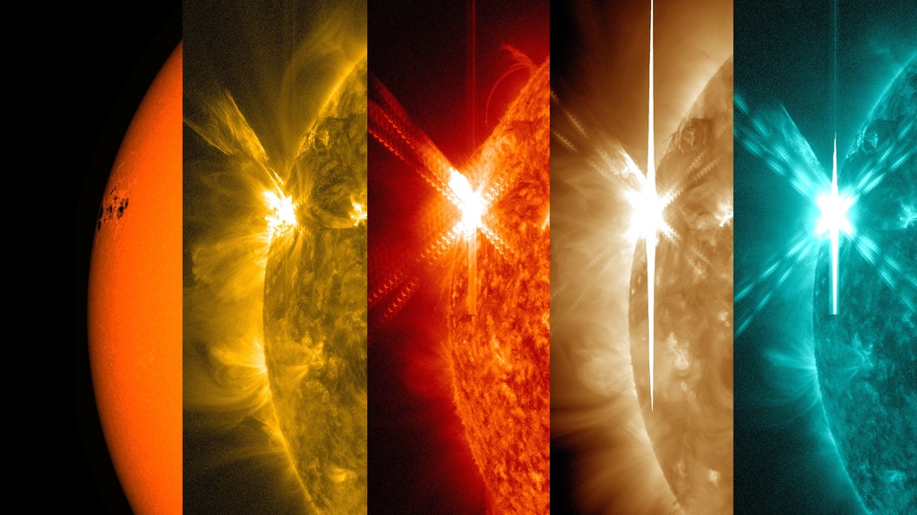 NASA's Solar Dynamics Observatory captured these images of a solar flare – as seen in the bright flash on the left – on May 5, 2015. Each image shows a different wavelength of extreme ultraviolet light that highlights a different temperature of material on the sun. By comparing different images, scientists can better understand the movement of solar matter and energy during a flare. From left to right, the wavelengths are: visible light, 171 angstroms, 304 angstroms, 193 angstroms and 131 angstroms. Each wavelength has been colorized. Unlabeled.Credit: NASA/GSFC/SDO