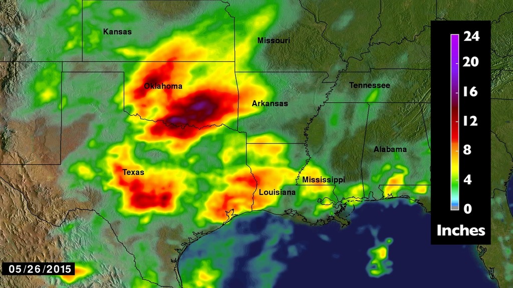 LEAD: NASA’s newest precipitation satellite, GPM, has given forecasters and emergency managers a new view of flooding rains.1. During the week of May 19 –26, 2015, the satellite microwave sensor helped measure the record rainfall over Texas that brought about disastrous river flooding.2. Dark red areas indicate over 12 inches of rain. Violet areas, as seen in parts of Oklahoma, show extreme rainfall totaling more than 17 inches.3. NASA is now able to combine precipitation data from 12 satellites currently circling Earth into a single, seamless map covering most of the world.TAG: The fact that this data is available at half an hour intervals will be a big help to river forecasters.