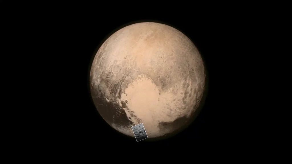 LEAD: We now have close-up views of Pluto thanks to NASA's New Horizons spacecraft.    1. Because Pluto is only two-thirds the size of our moon and 3 billion miles away, it is not visible without a telescope.  2. But, from the flyby distance of 7,750 miles, the New Horizons spacecraft has provided new perspectives of Pluto. 3. One giant surprise on Pluto: mountains about 11,000 feet high. The mountains are probably composed of water ice. 5. With Pluto's temperature at nearly 400 degrees Fahrenheit below zero, the water ice behaves like bedrock. 6. Pluto's moon Charon shows cliffs and trough 4 to 6 miles deep and 600 miles long. 7. This suggests widespread fracturing of Charon's crust. TAG: Data from the seven instruments aboard New Horizons will provide years of study and will help rewrite textbooks about Pluto.  