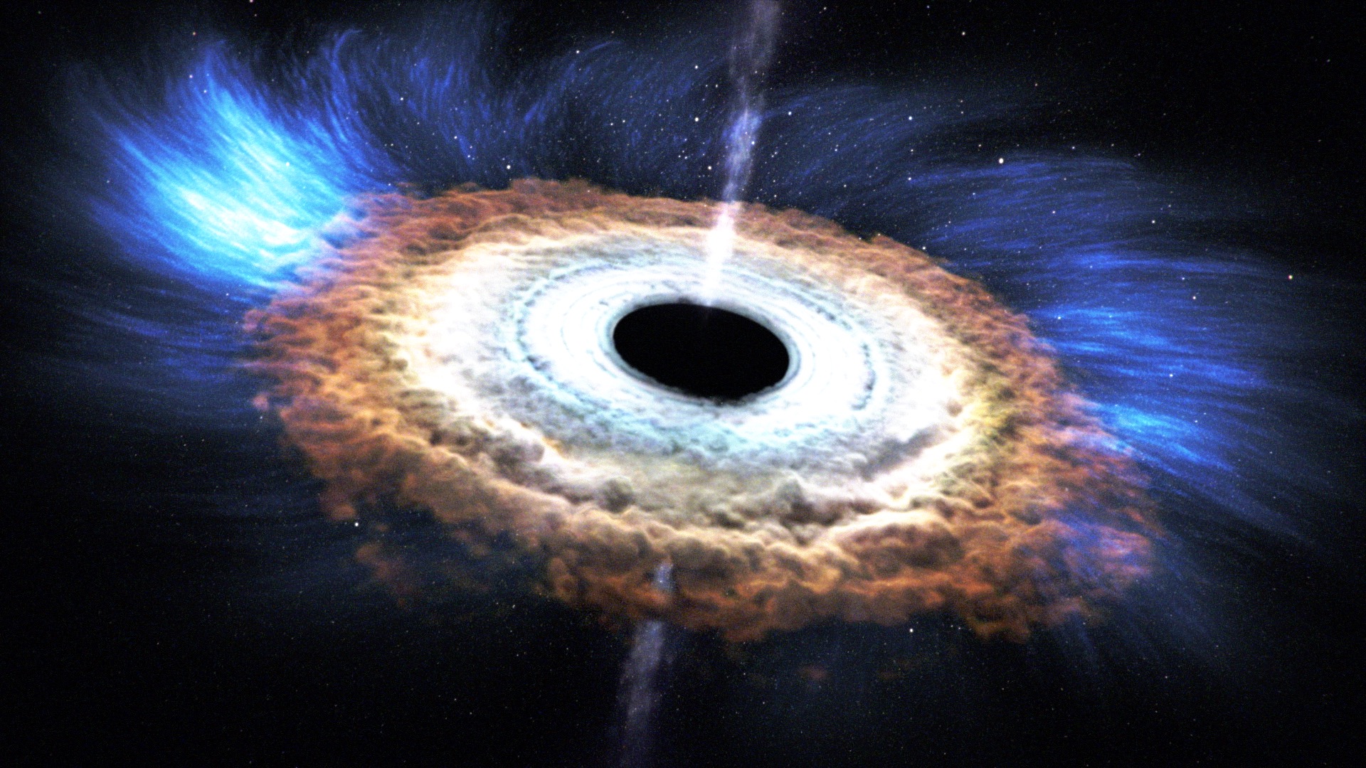A star approaching too close to a massive black hole is torn apart by tidal forces, as shown in this artist's rendering. Filaments containing much of the star's mass fall toward the black hole. Eventually these gaseous filaments merge into a smooth, hot disk glowing brightly in X-rays. As the disk forms, its central region heats up tremendously, which drives a flow of material, called a wind, away from the disk.   Credit: NASA's Goddard Space Flight Center/CI LabWatch this video on the NASA Goddard YouTube channel.For complete transcript, click here.