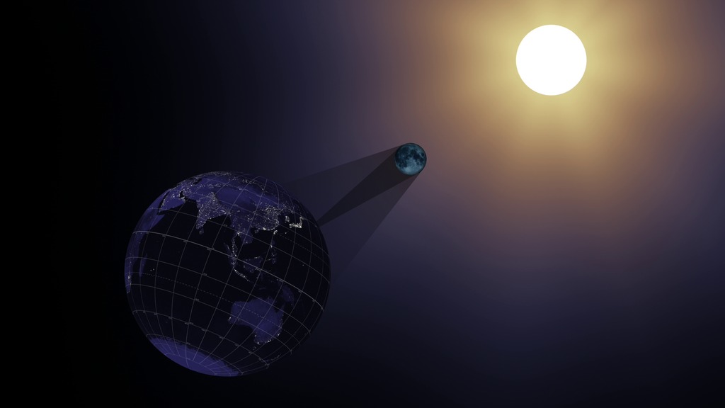 LEAD: NASA scientists and astronomers are already planning for the first total solar eclipse for the United States in 38 years. 1. On August 21, 2017, the moon will pass between the sun and Earth in an alignment that will cast the moon's shadow onto Earth. 2. A dark shadow of the moon, 170 miles wide, will sweep across the U.S. over the course of one-and-a-half hours. 3. People in cities lying within the narrow path of the shadow (red line in the video) will experience an eerie sense of twilight as day turns to night and back to day again within roughly 2-2.5 minutes. TAG: Solar astronomers will use the solar eclipse to study the outer atmosphere of the sun. 