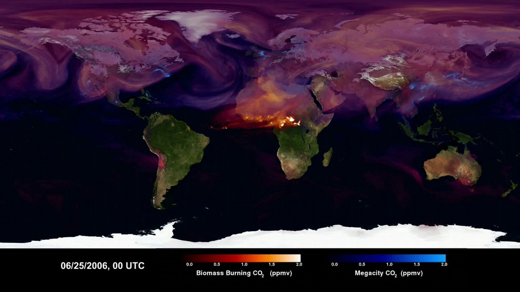 Animation of carbon dioxide released from two different sources: fires (biomass burning) and massive urban centers known as megacities.  The animation covers a five day period in June 2006.  The model is based on real emission data and is then set to run so that scientists can observe how the greenhouse gas behaves once it has been emitted.