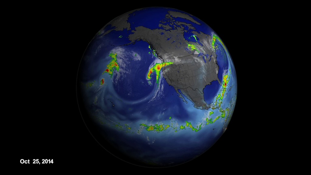 LEAD: NASA is ready to track atmospheric rivers during this winter's El Niño.1. Atmospheric rivers are short-lived, narrow streams of wind that carry water vapor from the tropical oceans to mid-latitude land areas.2. Shown here is an atmospheric river traveling across the Pacific between October 25 and November 2, 2014. (White colors are clouds, light blues water vapor, and green to red precipitation.)TAG: Atmospheric rivers tend to intensify during El Niño events, and this year's strong El Niño is likely to bring more precipitation to California and some relief for the drought. 