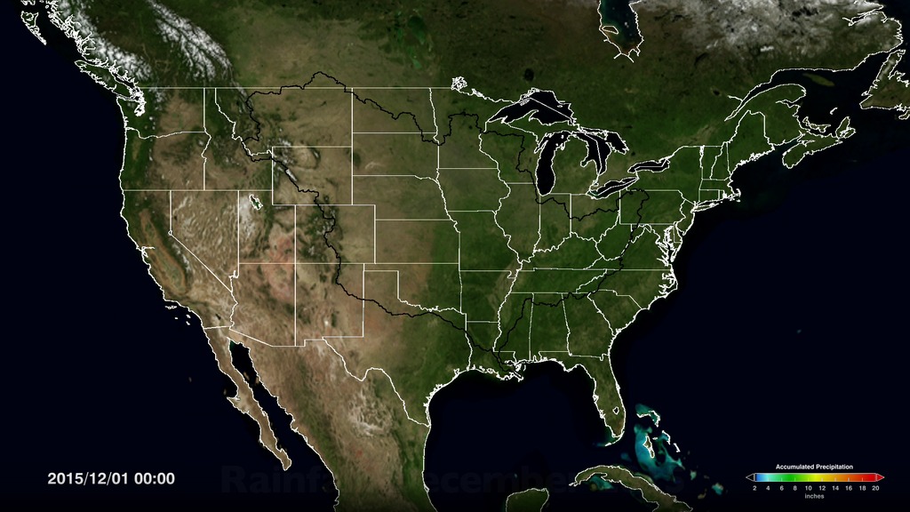 LEAD: NASA's Global Precipitation Measurement mission helped forecasters track the heavy 20-inch flood-producing rainfalls of December 2015. 1. The animation shows the accumulation of rainfall from December's three major storm systems that took place on December 1st through 3rd, the 13th through 16th, and 21st through 31st.2. Red colors indicate accumulate rainfall of 20 inches, yellow 10-12 inches, green 6-10. And shades of blue 2-6 inches. The extent of the area that drains into the Mississippi River is outlined in black.3. Extensive flooding took place in Missouri, Illinois, Oklahoma, Arkansas and Mississippi. TAG: Alabama and Georgia were hardest hit by rainstorms that arrived Christmas week, which led to massive flooding and declarations of a state of emergency in Alabama and northern Georgia.