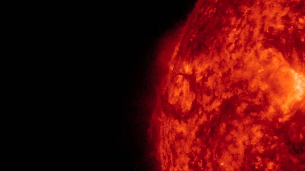 LEAD: Earlier this month (March 13, 2016) NASA’s Solar Dynamics Observatory satellite camera captured a striking solar prominence.1. Prominences are notoriously unstable clouds of solar material suspended above the solar surface by the sun’s complex magnetic forces. 2. This video was made from images taken every 12 seconds.TAG: This prominence was captured in extreme ultraviolet light that is typically invisible to our eyes, but is colorized here in red. 