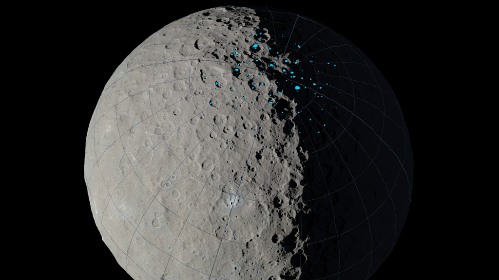On dwarf planet Ceres, scientists map craters where ice can accumulate.