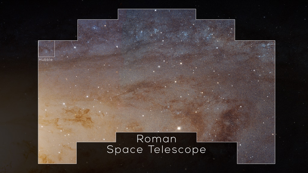 Animated comparison of the relative image sizes from Hubble and the Roman Space Telescope. The two missions will have very similar resolution, but the Roman Space Telescope will have 100 times the field of view.