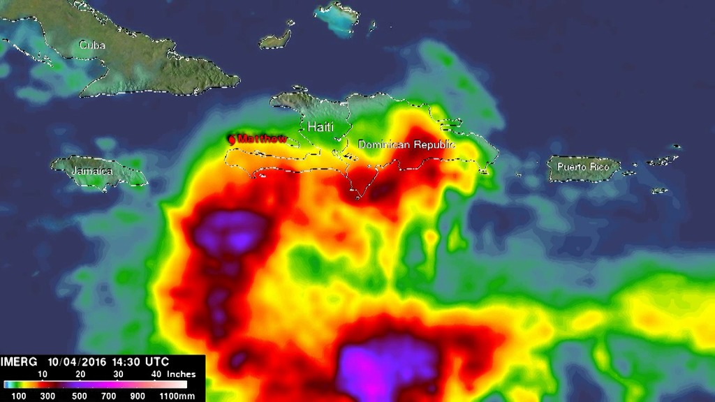 NASA Calculates Matthew's Heavy Rains - Close UpNASA satellite data was used to provide estimates of Hurricane Matthew's heavy precipitation over the course of seven days. NASA estimates were created from a combination of space-borne passive microwave sensors and showed very heavy rainfall amounts in Matthew's track and over Hispaniola.NASA's Integrated Multi-satellitE Retrievals for GPM or IMERG product is used to make estimates of precipitation from a combination of space-borne passive microwave sensors, including the GMI microwave sensor onboard the Global Precipitation Measurement mission or GPM satellite, and geostationary IR (infrared) data.This data visualization shows IMERG rainfall estimates for the period from Sept. 29 to Oct. 5, 2016 for the northeastern Caribbean in association with the passage of Hurricane Matthew indicated by storm symbols.Beginning at 00 UTC on the Sept. 30 rainfall totals associated with Matthew are in excess of 10 inches all along its track, reaching upwards of 25 inches when the storm was intensifying on the Sept. 30.Over land, IMERGE shows wide areas of between 15 to 20 inches of rain all along the southern coasts of Haiti and the Dominican Republic on the island of Hispaniola.  Rainfall amounts on the right side of Matthew are higher where the storm's counter-clockwise cyclonic circulation interacted with the island's topography.  A separate but nearby cluster of thunderstorms on the eastern side of Matthew also contributed to the rainfall totals there.For more information visit NASA.gov.