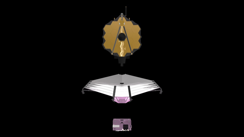 Animation (with alpha channel) of the three main segments of the James Webb Space Telescope with a slow 360 move around the telescope to show cutaway for Webb's instruments.  