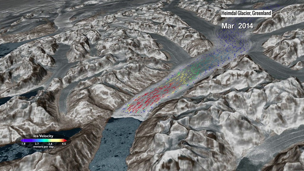 Heimdal Glacier in southeastern Greenland shows a regular speed up and slow down with the seasons.  Peak speeds are around May/June, and low speeds occur in September/October.  This velocity data is a result of new analysis of imagery from the Operational Land Imager on the NASA/USGS Landsat 8 satellite, part of the Global Landsat Ice Velocity Extraction (GoLIVE) project.Music credit: Tiny Worlds by Christian Telford [ASCAP], David Travis Edwards [ASCAP], Matthew St Laurent [ASCAP], Robert Anthony Navarro [ASCAP]Complete transcript available.Watch this video on the NASA Goddard YouTube channel.