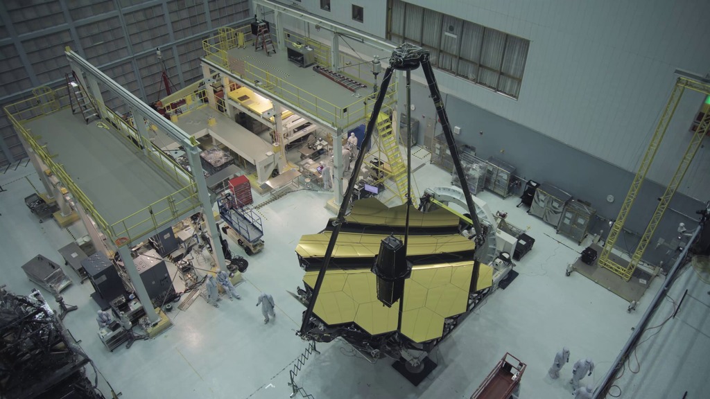 The optical segment of the Webb Telescope with the Secondary Mirror fully deployed inside NASA Goddard Space Flight Center Cleanroom.  This footage was captured before the science instruments were integrated.  Footage is availabel in 4K, 1080p ProRes and 1080p h264.  