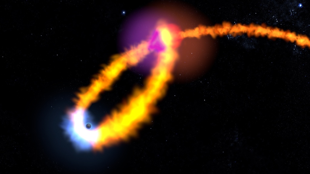This animation illustrates how debris from a tidally disrupted star collides with itself, creating shock waves that emit ultraviolet and optical light far from the black hole. According to Swift observations of ASASSN-14li, these clumps took about a month to fall back to the black hole, where they produced changes in the X-ray emission that correlated with the earlier UV and optical changes.Credit: NASA's Goddard Space Flight CenterWatch this video on the NASA.gov Video YouTube channel.