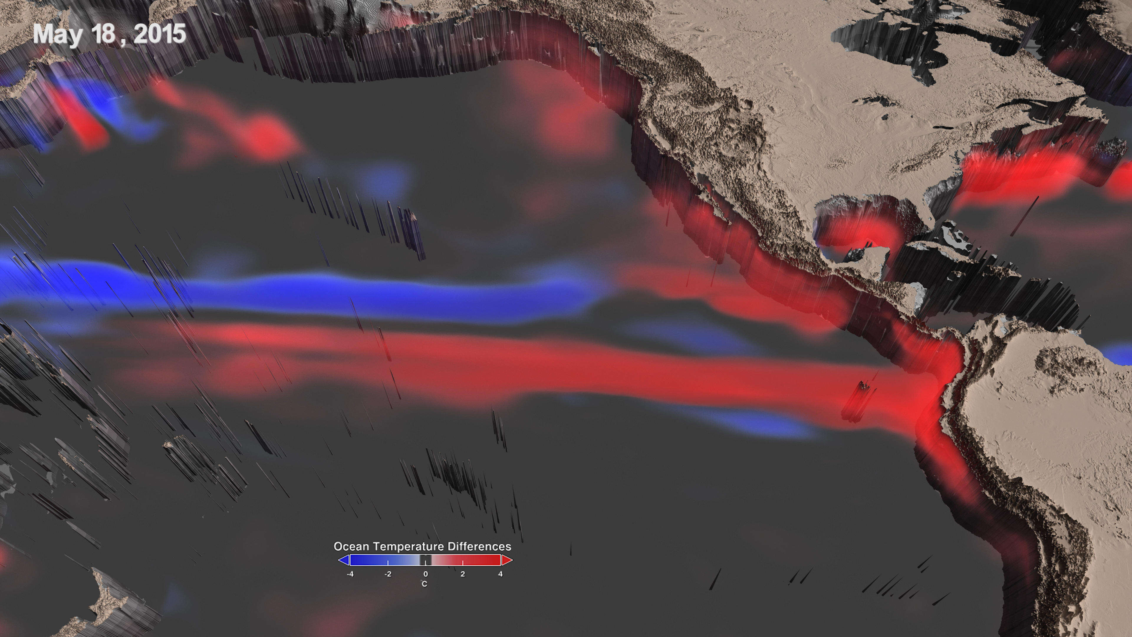 Scientists at NASA's Goddard Space Flight Center have combined ocean measurements with cutting-edge supercomputer simulations to analyze the 2015-2016 El Niño in three dimensions.  This visualization looks at the top 225 meters of the ocean, showing warmer than normal water in red, colder than normal water in blue.  In the second half, current information is included, with east-flowing currents in yellow and west-flowing currents in white.Music: Bourrée from Handel's Water MusicWatch this video on the NASA Goddard YouTube channel.