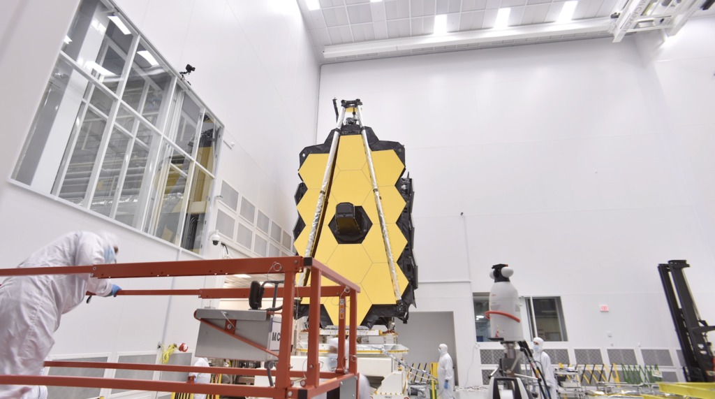A time-lapse of the Webb Telescope rotating on a rollover fixture inside the Chamber A cleanroom.