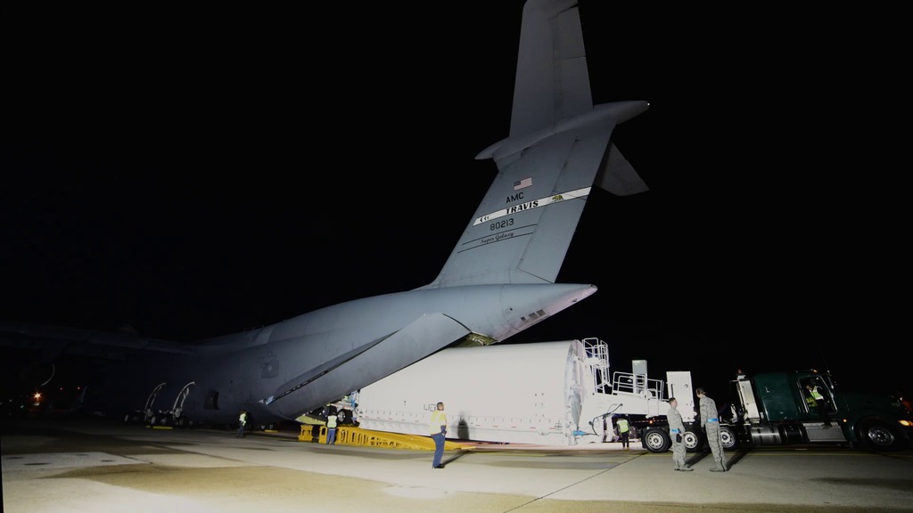 Time Lapse of the Webb Telescope inside its protective Space Telescope Transporter Air Road and Sea (STTARS) container as it is being loaded into a U.S. Air Force C5M Super Galaxy aircraft for transport to the NASA Johnson Space Center.  