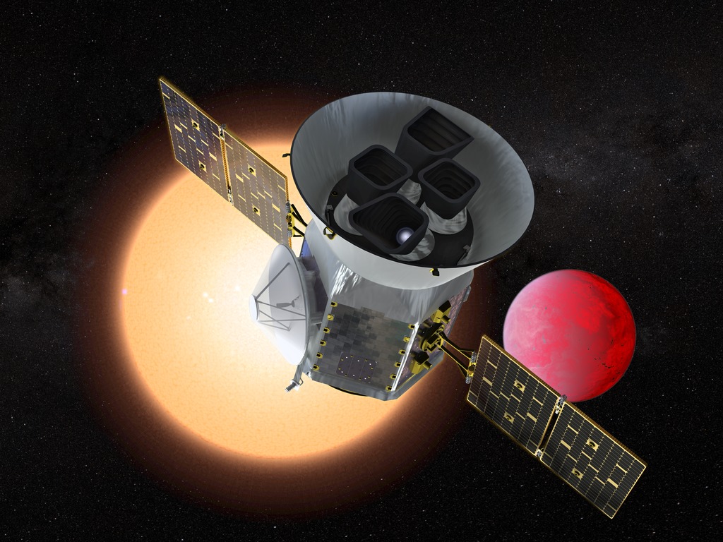 Artist concept of TESS in front of a lava planet orbiting its host star.
