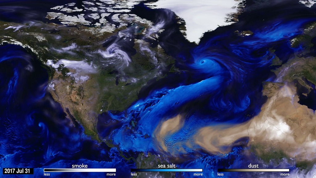Tracking aerosols over land and water from August 1 to November 1, 2017.  Hurricanes and tropical storms are obvious from the large amounts of sea salt particles caught up in their swirling winds. The dust blowing off the Sahara, however, gets caught by water droplets and is rained out of the storm system.  Smoke from the massive fires in the Pacific Northwest region of North America are blown across the Atlantic to the UK and Europe.  This visualization is a result of combining NASA satellite data with sophisticated mathematical models that describe the underlying physical processes.Music: Elapsing Time by Christian Telford [ASCAP], Robert Anthony Navarro [ASCAP]Complete transcript available.Watch this video on the NASA Goddard YouTube channel.