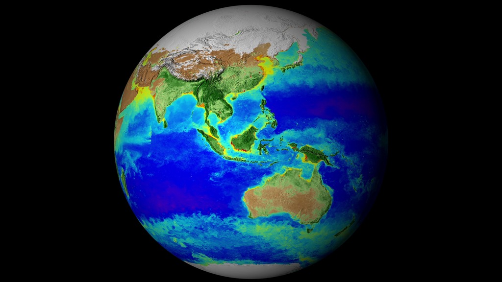 Spherical data visualization showing 20 years of Earth's biosphere data.