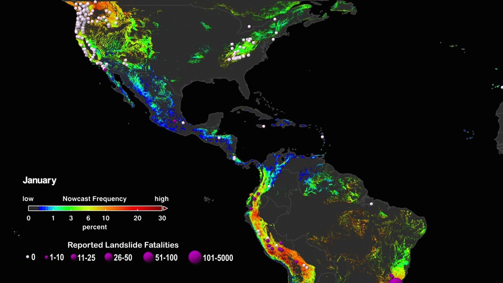 Data visualizationThis zoomed in version shows the landslide climatology by month of North, Central and South America followed by a duplicate run of the landslide climatology overlaid with the distribution of landslides each month based on the estimated number of fatalities the event caused.