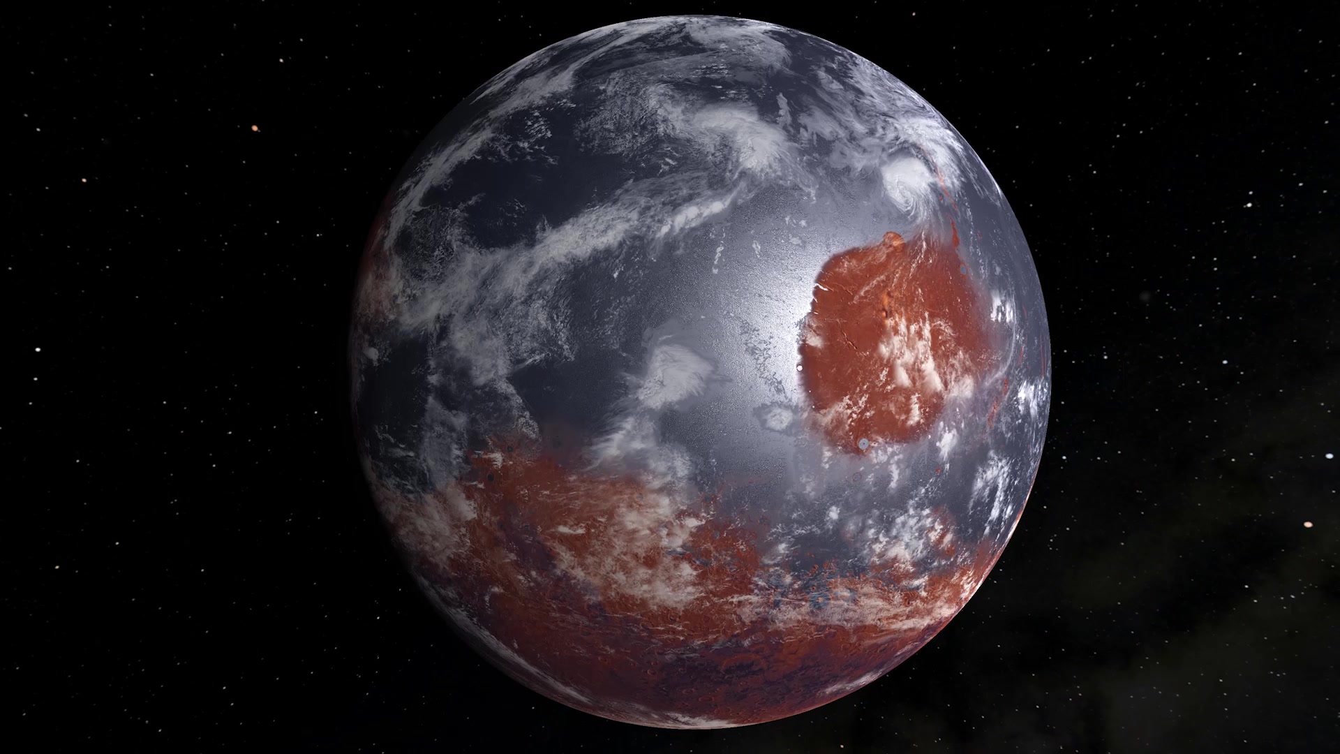 This is an artist's model of an early Mars &mdash; billions of years ago &mdash; which may have had oceans and a thicker atmosphere. It was created by filling Mars' lower altitudes with water and adding cloud cover. The locations for the ancient ocean are based on current altitudes and do not reflect the actual ancient topography.