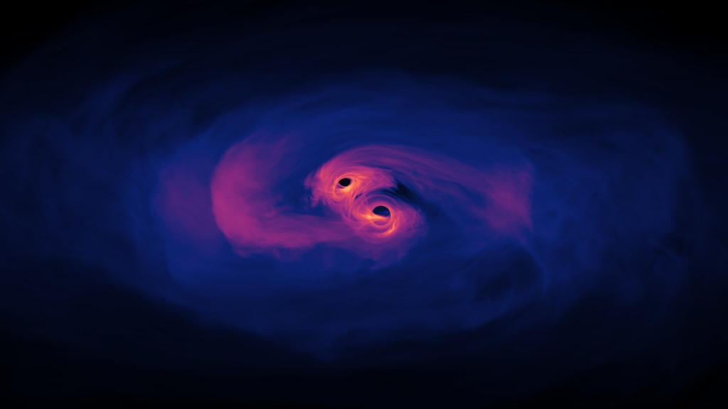 Simulation of the light emitted by a supermassive black hole binary system where the surrounding gas is optically thin (transparent).  Viewed from 72 degrees inclination, or partially angled above the plane of the disk.  The emitted light represents all wavelengths.Credit: NASA's Goddard Space Flight Center/Scott Noble; simulation data, d'Ascoli et al. 2018