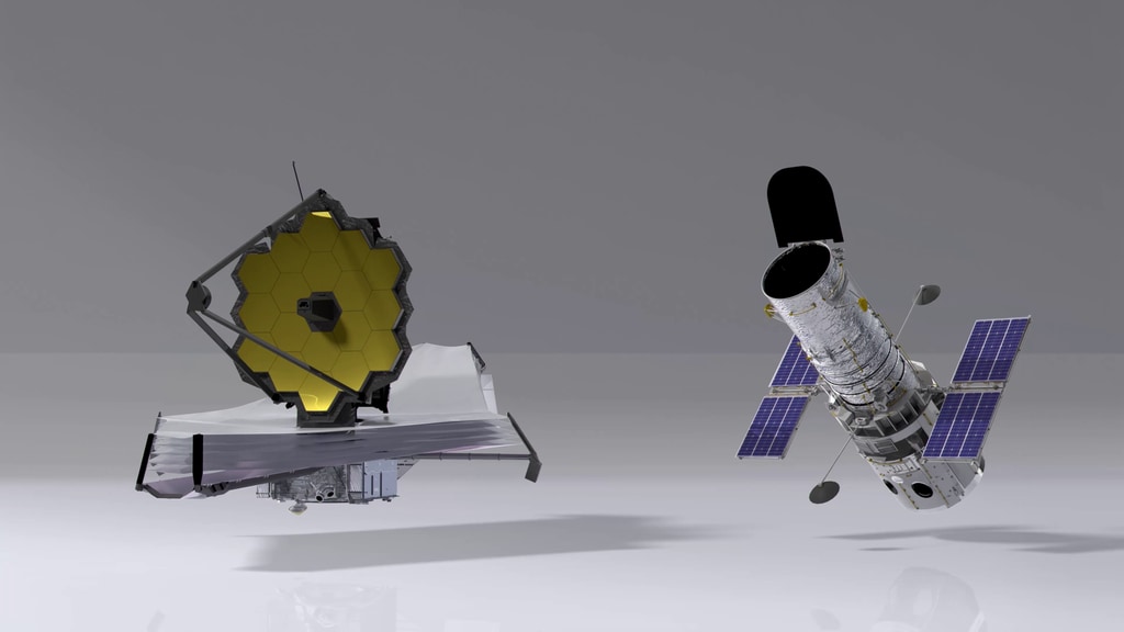 Size comparison between the Webb Space Telescope and the Hubble Space Telescope. 