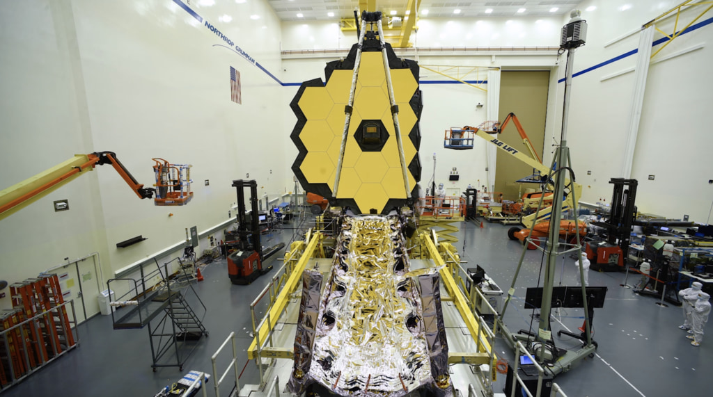 Time-lapse footage of engineers stowing the +J2 wing of the James Webb Space Telescope at Northrop Grumman in Redondo Beach, CA.