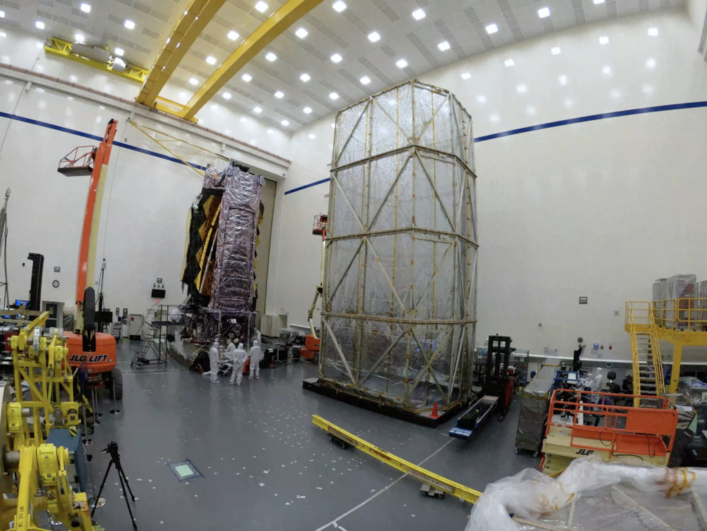 GoPro 1 time-lapse of engineers covering the James Webb Space Telescope with the +J2 side of the protective "clamshell" tent cover at Northrop Grumman in Redondo Beach, CA.  