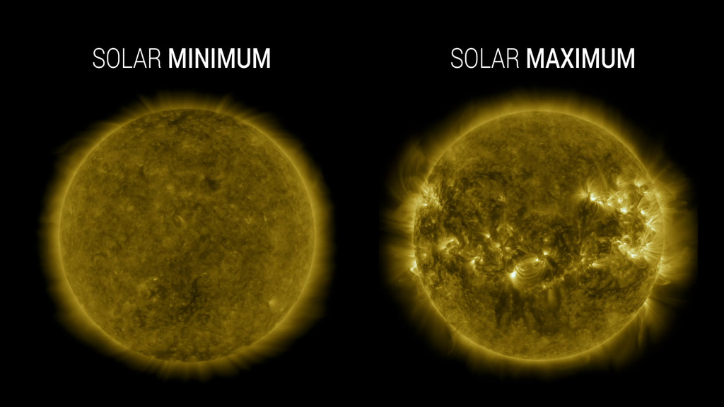 2. VIDEOImages from NASA’s Solar Dynamics Observatory highlight the appearance of the Sun at solar minimum (left, Dec. 2019) versus solar maximum (right, April 2014). These images are in the 171 wavelength of extreme ultraviolet light, which reveals the active regions on the Sun that are more common during solar maximum. Credit: NASA