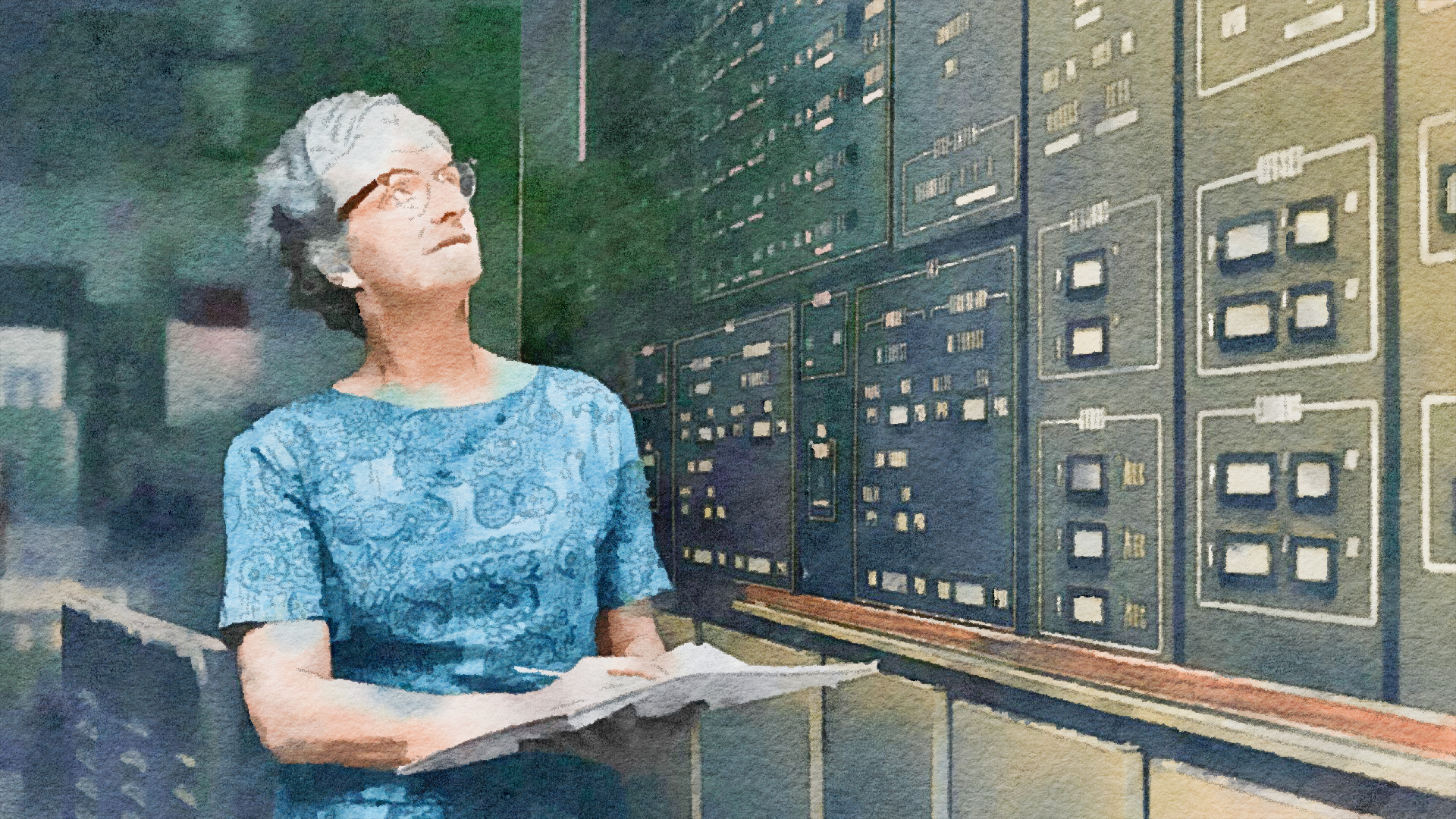 Nancy Grace Roman stands at the control display for the Orbiting Astronomical Observatory spacecraft in this simulated watercolor image.Watercolor effect generated with Waterlogue by Tinrocket.