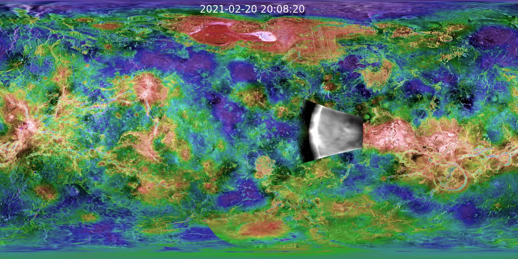 VIDEOThis composite shows the images from Parker Solar Probe’s fourth flyby of Venus superimposed on a radar map of Venus previously taken by NASA's Magellan mission. Credit: Magellan Team/JPL/USGS