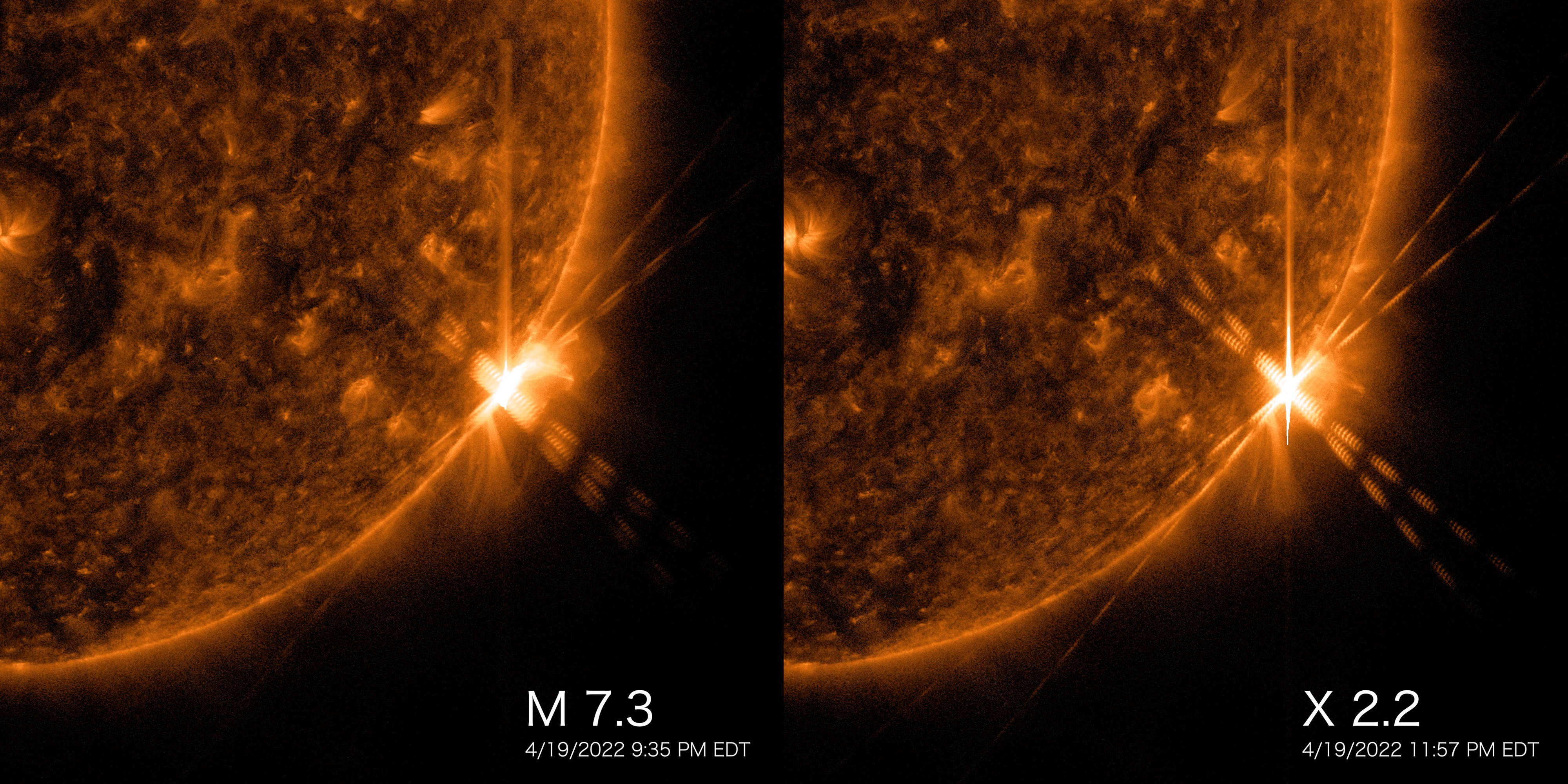 Side-by-side images of the two solar flares that occured on April 19th, 2022. NASA's Solar Dynamics Observatory captured these images in 131 angstrom light, which highlights the extremely hot temperatures of flares.Credit: NASA/SDO