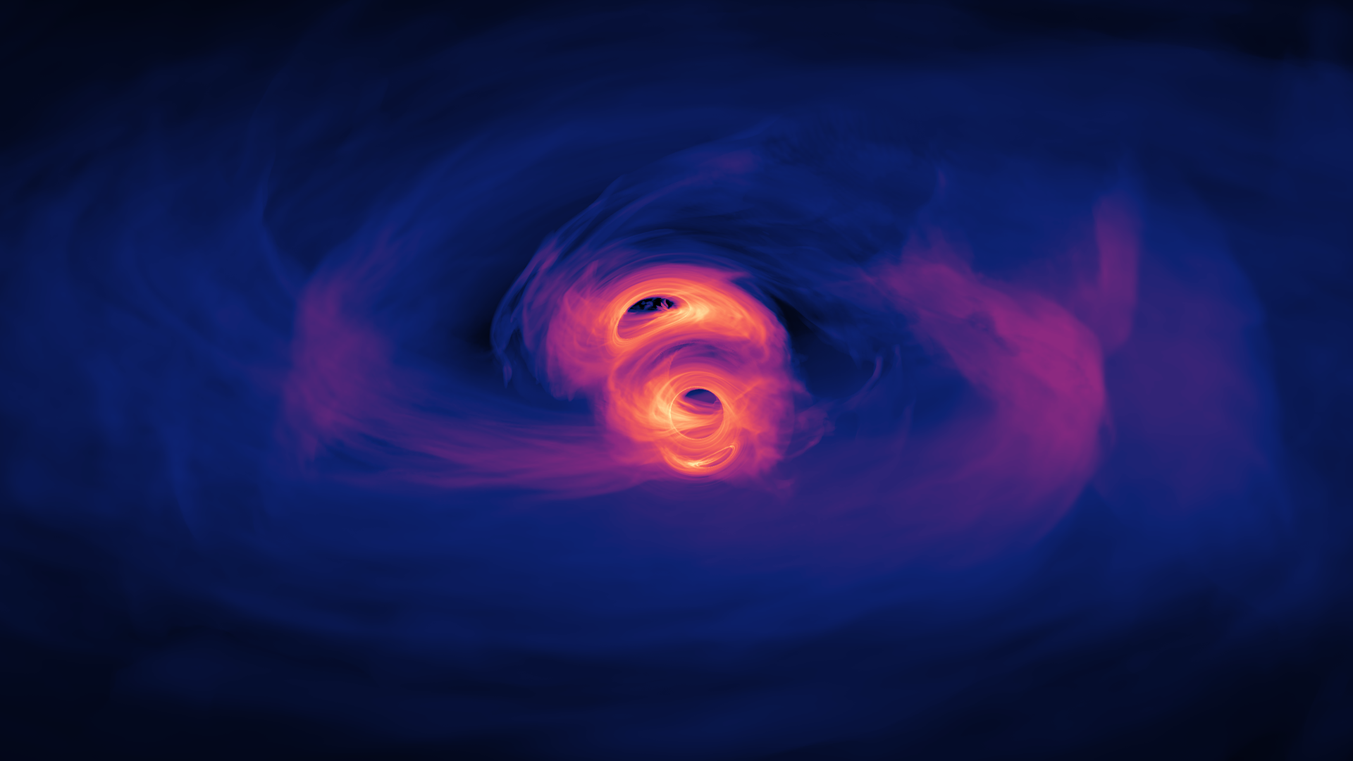 Supermassive Black Hole Binary Simulation These two black holes are just 40 orbits away from merging in this simulation of the light their environment emits as they dance. Download the desktop version here.Download the smartphone version here.Credit: Credit: NASA's Goddard Space Flight Center/Scott Noble; simulation data, d'Ascoli et al. 2018