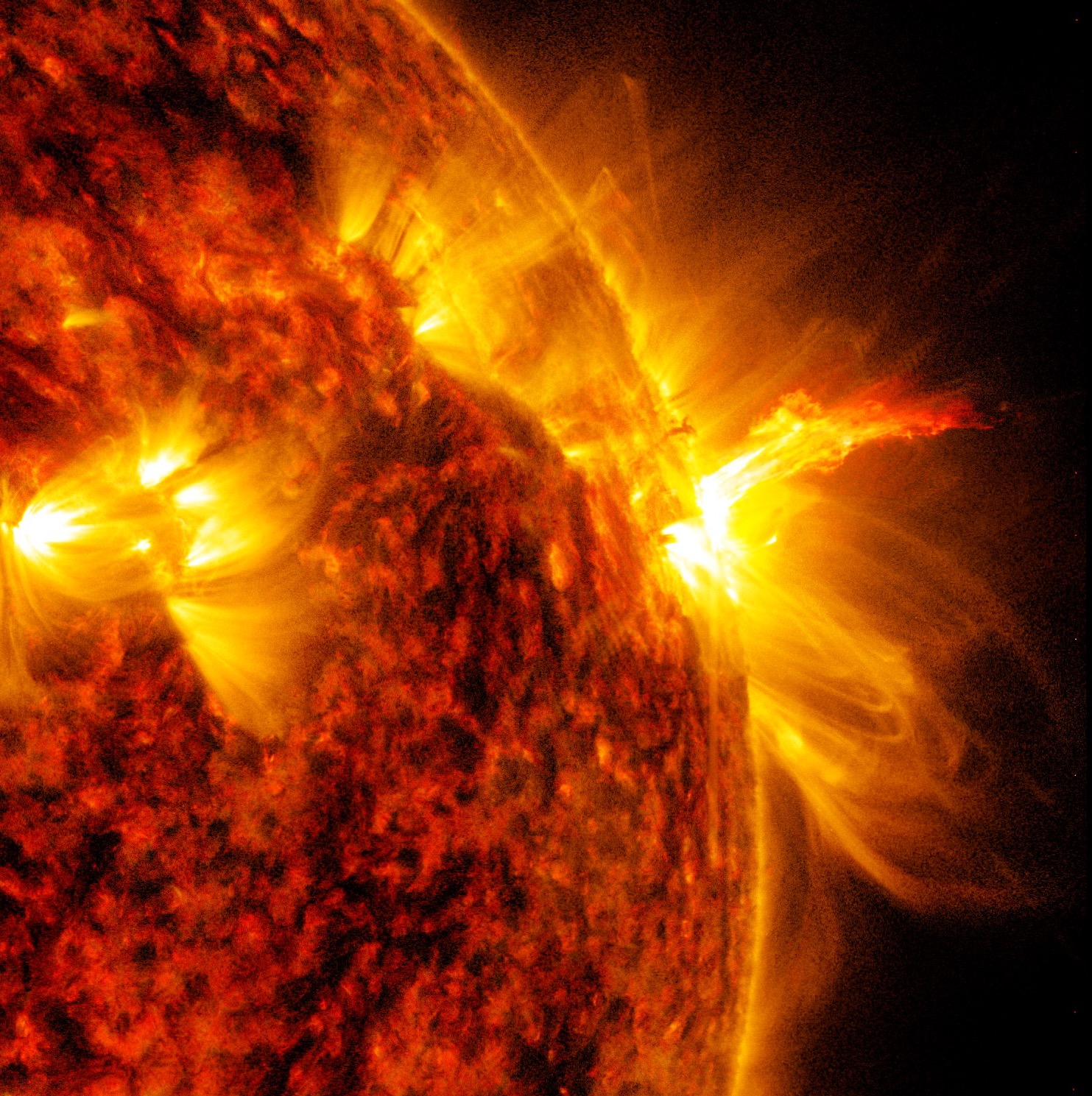 Same as above, cropped to focus on flaring region.Credit: NASA/SDO