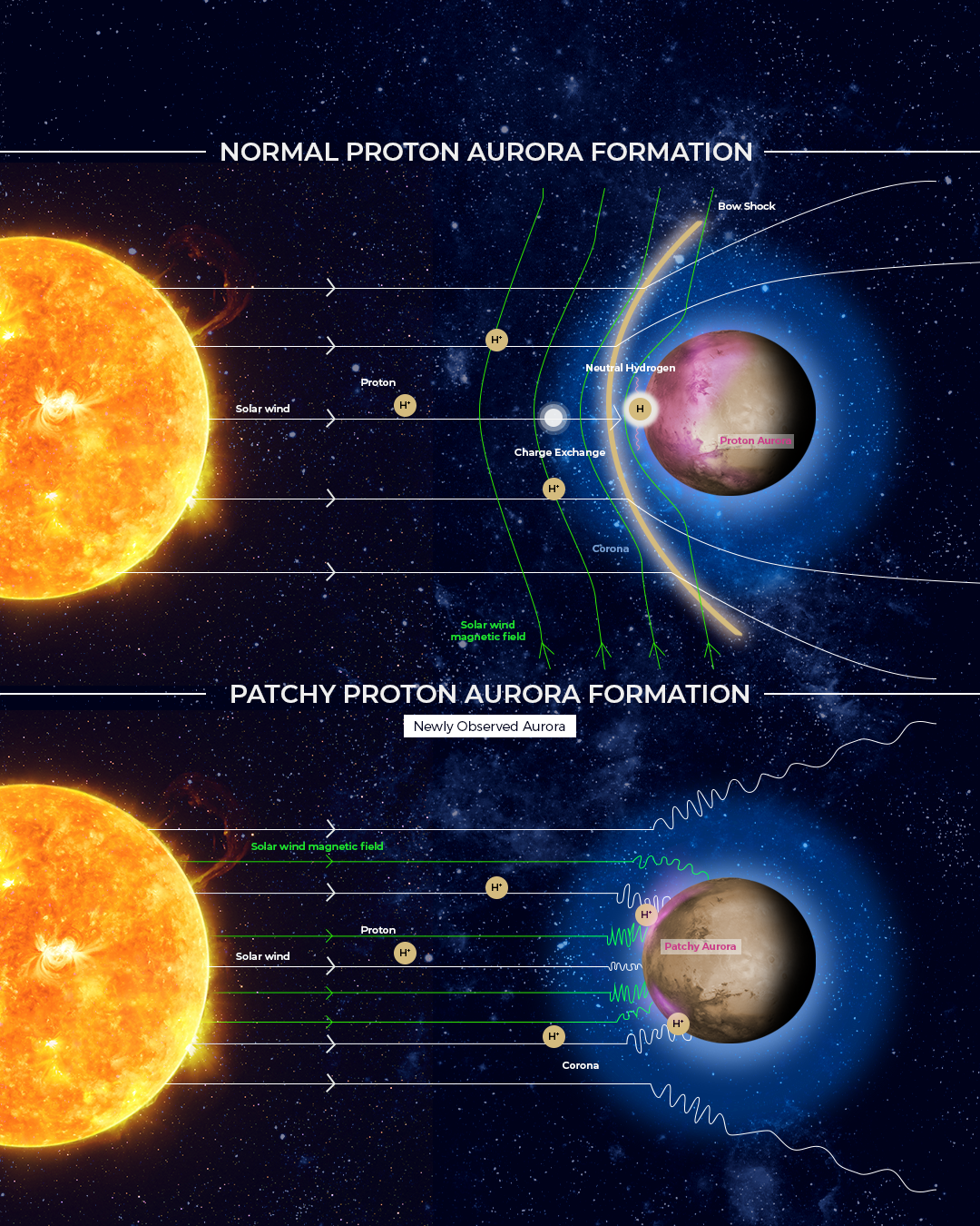 Comparison of normal and patchy proton aurora formation mechanisms at Mars. Top image shows the normal proton aurora formation mechanism first discovered in 2018. White lines show that solar wind protons traveling away from the Sun are normally swept around the planet by the Mars magnetosphere, and don't directly interact with the atmosphere. When proton aurora occur, a small fraction of the solar wind collides with Mars hydrogen in the extended corona of the planet (shown in blue), and charge exchanges into neutral H atoms. These newly created H atoms are still travelling at the same speed, and are no longer sensitive to the magnetospheric forces that redirect protons around the planet. Instead, the energetic H atoms slam directly into the upper atmosphere of Mars and collide multiple times with the neutral atmosphere, resulting in auroral emission by the incident H atoms (purple). Because the solar wind and Mars corona are uniform across the planet, the aurora occurs everywhere on the planet's day side with a uniform brightness. Bottom image shows the newly discovered formation mechanism for patchy proton aurora. Green lines in the top image show that under normal conditions the solar wind magnetic field drapes nicely around the planet. By contrast, patchy proton aurora form during unusual circumstances when the solar wind magnetic field is aligned with the proton flow. Under such conditions the typical draped magnetic field configuration is replaced by a highly variable patchwork of plasma structures, and the solar wind is able to directly impact the planet's upper atmosphere in specific locations that depend on the structure of the turbulence. When incoming solar wind protons collide with the neutral atmosphere, they can be neutralized and emit aurora in localized patches. During such times patchy proton aurora forms a map of the locations where solar wind plasma is directly impacting the planet. Image Credit: Emirates Mars Mission/UAE Space Agency