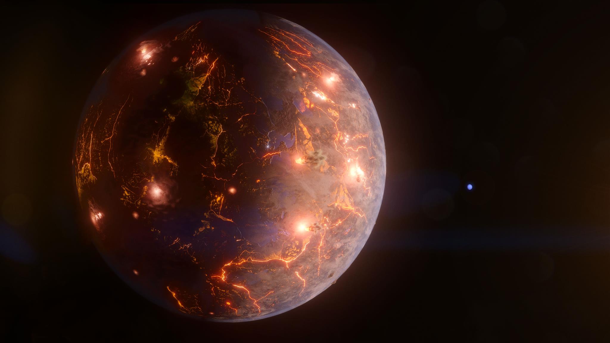 LP 791-18 d, illustrated here in an artist's concept, is an Earth-size world about 90 light-years away. The gravitational tug from a more massive planet in the system, shown as a blue disk in the background, may result in internal heating and volcanic eruptions – as much as Jupiter’s moon Io, the most geologically active body in the solar system. Astronomers discovered and studied the planet using data from NASA’s Spitzer Space Telescope and TESS (Transiting Exoplanet Survey Satellite) along with many other observatories.Credit: NASA’s Goddard Space Flight Center/Chris Smith (KRBwyle)