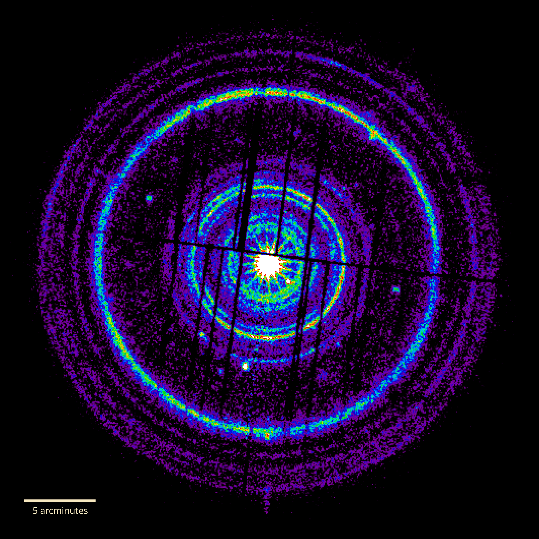 XMM-Newton images recorded 20 dust rings, 19 of which are shown here in arbitrary colors. This composite merges observations made two and five days after GRB 221009A erupted. Dark stripes indicate gaps between the detectors. A detailed analysis shows that the widest ring visible here, comparable to the apparent size of a full moon, came from dust clouds located about 1,300 light-years away. The innermost ring arose from dust at a distance of 61,000 light-years  on the other side of our galaxy. GRB221009A is only the seventh gamma-ray burst to display X-ray rings, and it triples the number previously seen around one.Credit: ESA/XMM-Newton/M. Rigoselli (INAF)