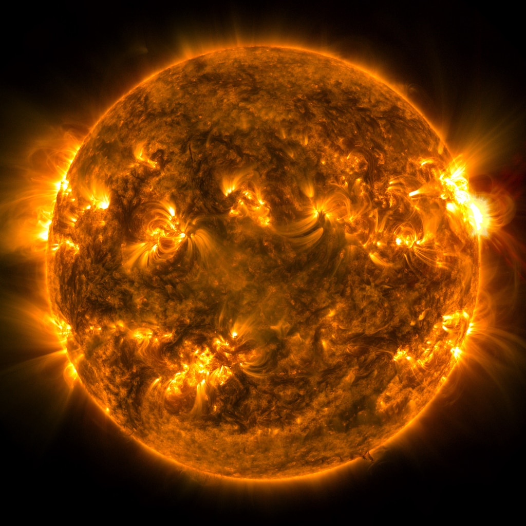 An X1.5 class solar flare flashes on the right side of the Sun on Aug. 7, 2023. This image was captured by NASA's Solar Dynamics Observatory and shows a blend of light from the 171 and 131 angstrom wavelengths.Credit: NASA/GSFC/SDO