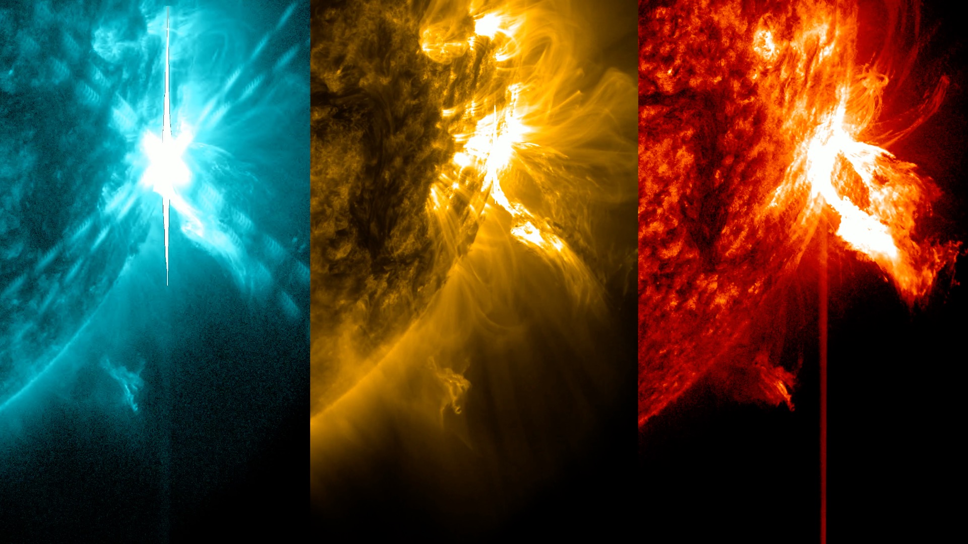 NASA’s Solar Dynamics Observatory captured these images of a solar flare – as seen in the bright flash on the right of each image – on Feb. 16, 2024. The images show three subsets of extreme ultraviolet light that highlight the extremely hot material in flares and which are colorized in teal, gold, and red. Credit: NASA/SDO