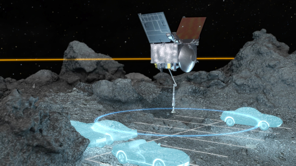 Surface-level view of OSIRIS-REx at sample site Nightingale, with a parking lot for comparison.Credit: NASA/Goddard/CI Lab/University of Arizona