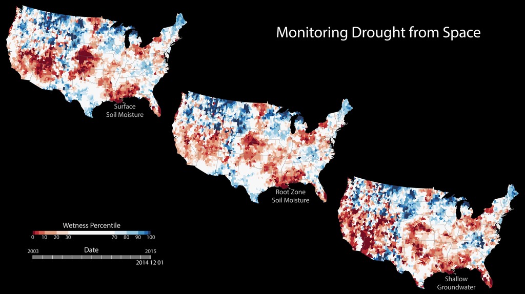 Soil moisture at various depths is found from ground- and space-based data