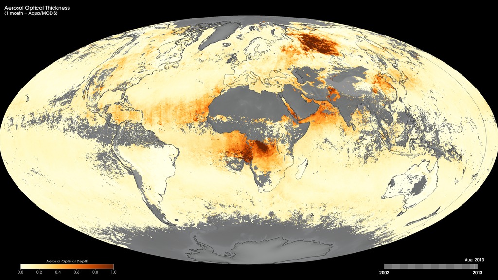 Monthly Aqua/MODIS aerosol optical thickness, July 2002 to the present.